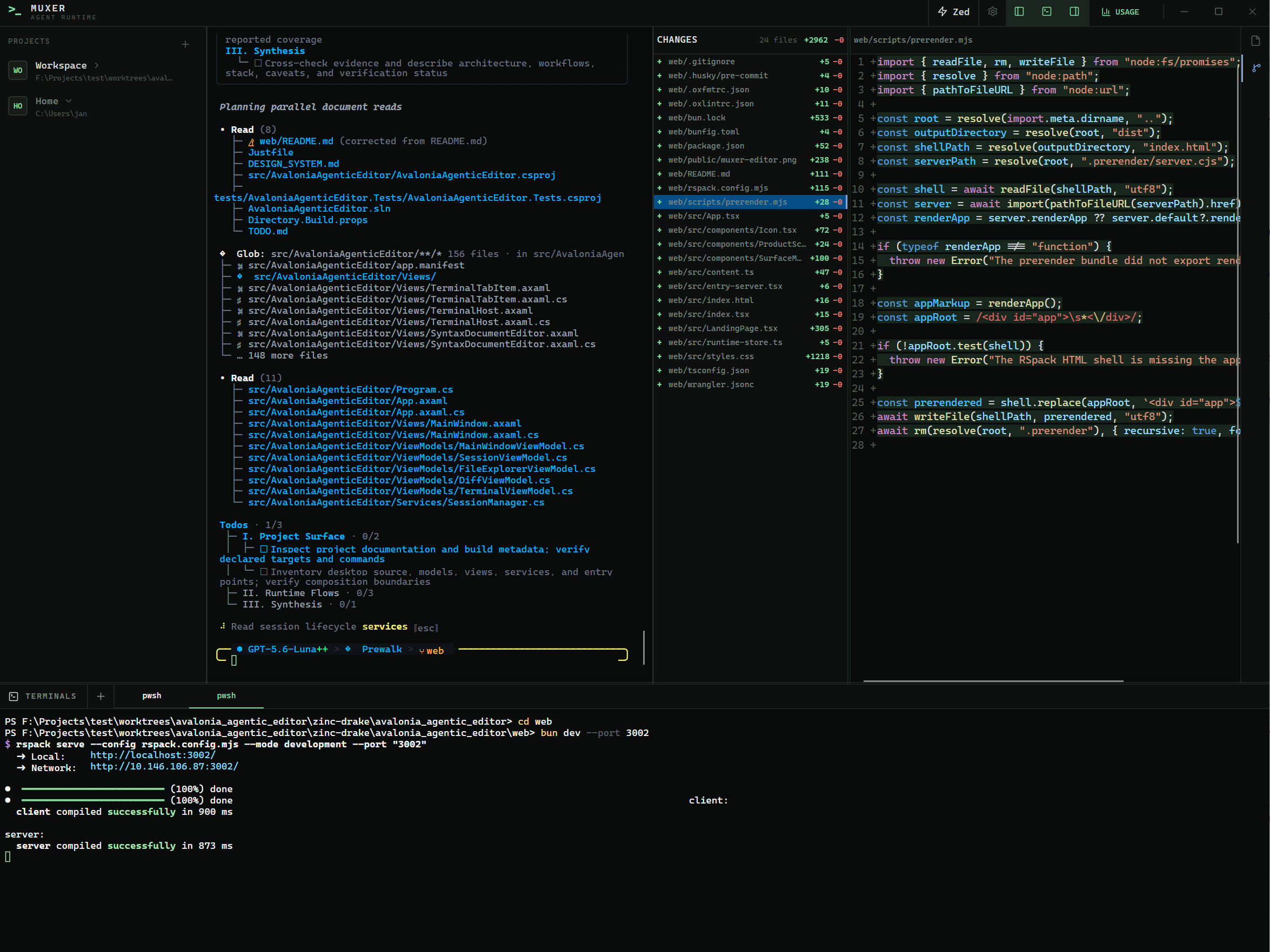 Muxer desktop runtime with projects, an agent session, source changes, and terminal panes visible together